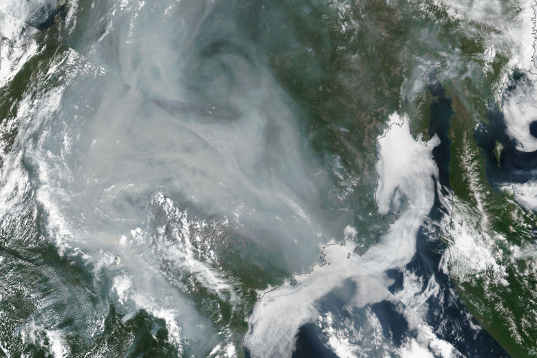 Дым от масштабных пожаров в Якутии был хорошо виден на снимках из космоса. Фото: NASA